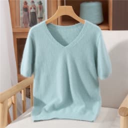 Women's Short Sleeved 100% Pure Mink Cashmere Knitted Sweater Autumn Winter New V-Neck T-Shirt Top Casual Solid Color Base Shirt