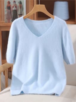 Women's Short Sleeved 100% Pure Mink Cashmere Knitted Sweater Autumn Winter New V-Neck T-Shirt Top Casual Solid Color Base Shirt