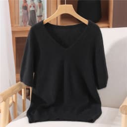 Women's Short Sleeved 100% Pure Mink Cashmere Knitted Sweater Autumn Winter New V-Neck T-Shirt Top Casual Solid Color Base Shirt