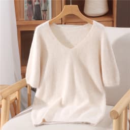 Women's Short Sleeved 100% Pure Mink Cashmere Knitted Sweater Autumn Winter New V-Neck T-Shirt Top Casual Solid Color Base Shirt