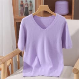 Women's Short Sleeved 100% Pure Mink Cashmere Knitted Sweater Autumn Winter New V-Neck T-Shirt Top Casual Solid Color Base Shirt