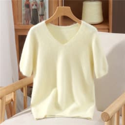 Women's Short Sleeved 100% Pure Mink Cashmere Knitted Sweater Autumn Winter New V-Neck T-Shirt Top Casual Solid Color Base Shirt