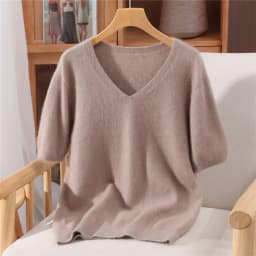 Women's Short Sleeved 100% Pure Mink Cashmere Knitted Sweater Autumn Winter New V-Neck T-Shirt Top Casual Solid Color Base Shirt