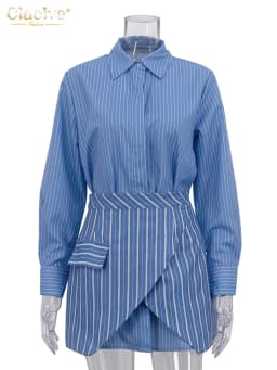 Clacive Fashion Loose Stripe Print Woman 2 Piece Set Outfit Elegant Long Sleeve Shirt With High Waist Mini Skirt Set Female