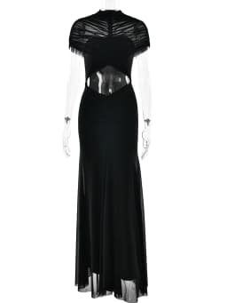 JULISSA MO Sexy Hollow Out Turtleneck Women Maxi Dress Coffee Short Sleeve See Through Mesh Bodycon Elegant Party Evening Dress
