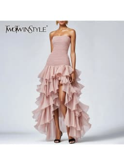 TWOTWINSTYLE Solid Irrgular Elegant Dresses for Women Strapless Sleeveless High Waist Slimming Split Long Dress Female Fashion