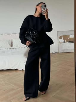BJTZ 2026 Spring Autumn Women Solid Crew Neck Long Sleeve Top Wide Leg Pants 2 Piece Set Casual Tracksuit Outfits