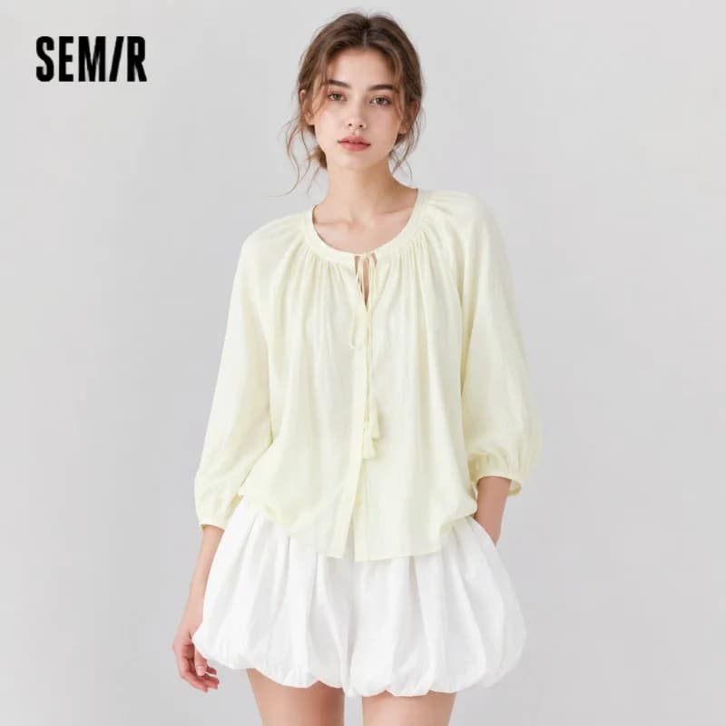 Semir Women Shirt 7/8 Lantern Sleeve Tassel Oversized Texture Shirt 2026 Summer Artistic Style
