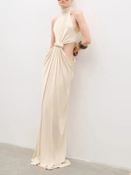 TWOTWINSTYLE Solid Hollow Out Spliced Knot Fashion Long Dresses for Women High Neck Sleeveless Patchwork Shirring Dress Female