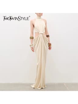 TWOTWINSTYLE Solid Hollow Out Spliced Knot Fashion Long Dresses for Women High Neck Sleeveless Patchwork Shirring Dress Female