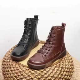DRKANOL Women Genuine Leather Short Boots Round Toe Genuine Leather Handmade Retro Street Style Winter Warm Flats Ankle Boots