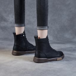DRKANOL Women Genuine Leather Short Boots Round Toe Genuine Leather Handmade Retro Street Style Winter Warm Flats Ankle Boots