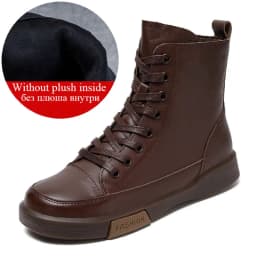 DRKANOL Women Genuine Leather Short Boots Round Toe Genuine Leather Handmade Retro Street Style Winter Warm Flats Ankle Boots