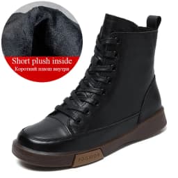 DRKANOL Women Genuine Leather Short Boots Round Toe Genuine Leather Handmade Retro Street Style Winter Warm Flats Ankle Boots