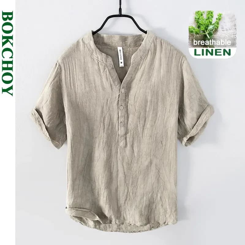 Summer Summer Vintage 100% Linen Short Sleeve T-Shirt for Men Breathable Thin Solid Color Slim Tops BL888