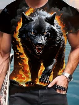 Men 3D Pattern Fire Wolf Graphic Print T-Shirt Summer Oversized Causal T-Shiet Men's Fashion Fitness Short Sleeve Clothing Tops