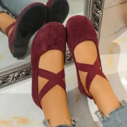 French Retro Red Suede Ballet Flats Women 2026 Spring Cross Strap Flat Heel Red Velvet Mary Jane Shoes Plus Size Woman's Loafers