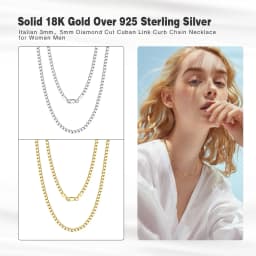 Rinntin 18K Gold Over 925 Sterling Silver 3mm/5mm Italian Diamond Cut Cuban Link Curb Chain Necklace for Women Men Jewelry SC60