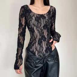 Women's Scoop Neck Double Layer Long Sleeved Lace Bodysuit