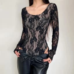 Women's Scoop Neck Double Layer Long Sleeved Lace Bodysuit