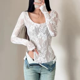 Women's Scoop Neck Double Layer Long Sleeved Lace Bodysuit