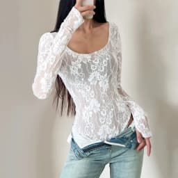 Women's Scoop Neck Double Layer Long Sleeved Lace Bodysuit