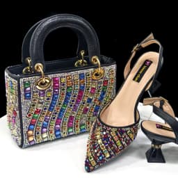 2025 Shiny Italian Fashion Pointed Toe Women Heel Fashion Rhinestone Decoration Fuchsia Color Shoes And Bag Set