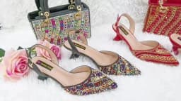 2025 Shiny Italian Fashion Pointed Toe Women Heel Fashion Rhinestone Decoration Fuchsia Color Shoes And Bag Set