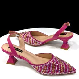 2025 Shiny Italian Fashion Pointed Toe Women Heel Fashion Rhinestone Decoration Fuchsia Color Shoes And Bag Set