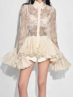 TWOTWINSTYLE Sheer Spliced Ruffles Folds Mini Dresses for Women Lapel Long Sleeves Patchwork Single Breasted Sexy Dress Female