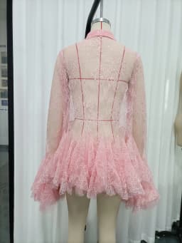 TWOTWINSTYLE Sheer Spliced Ruffles Folds Mini Dresses for Women Lapel Long Sleeves Patchwork Single Breasted Sexy Dress Female