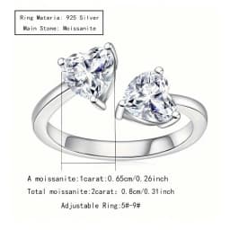 925 Silver Heart-Shaped 2 Carat Moissanite Adjustable Ring Is Fashionable and Simple, Suitable for Daily Life and Wedding