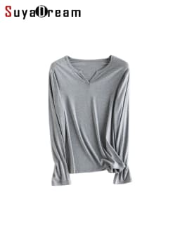 SuyaDream Women Solid T Shirt, Silk Viscose Blend, V Neck, Long Sleeves Chic Shirt 2025 Spring Summer Cozy Top, White, Grey