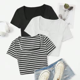 3 Pieces Summer Slim Fit T-Shirt Women's Sexy Short-Sleeved U-Neck Low Cut Solid Color Basic Black/White Korean Style Crop Top