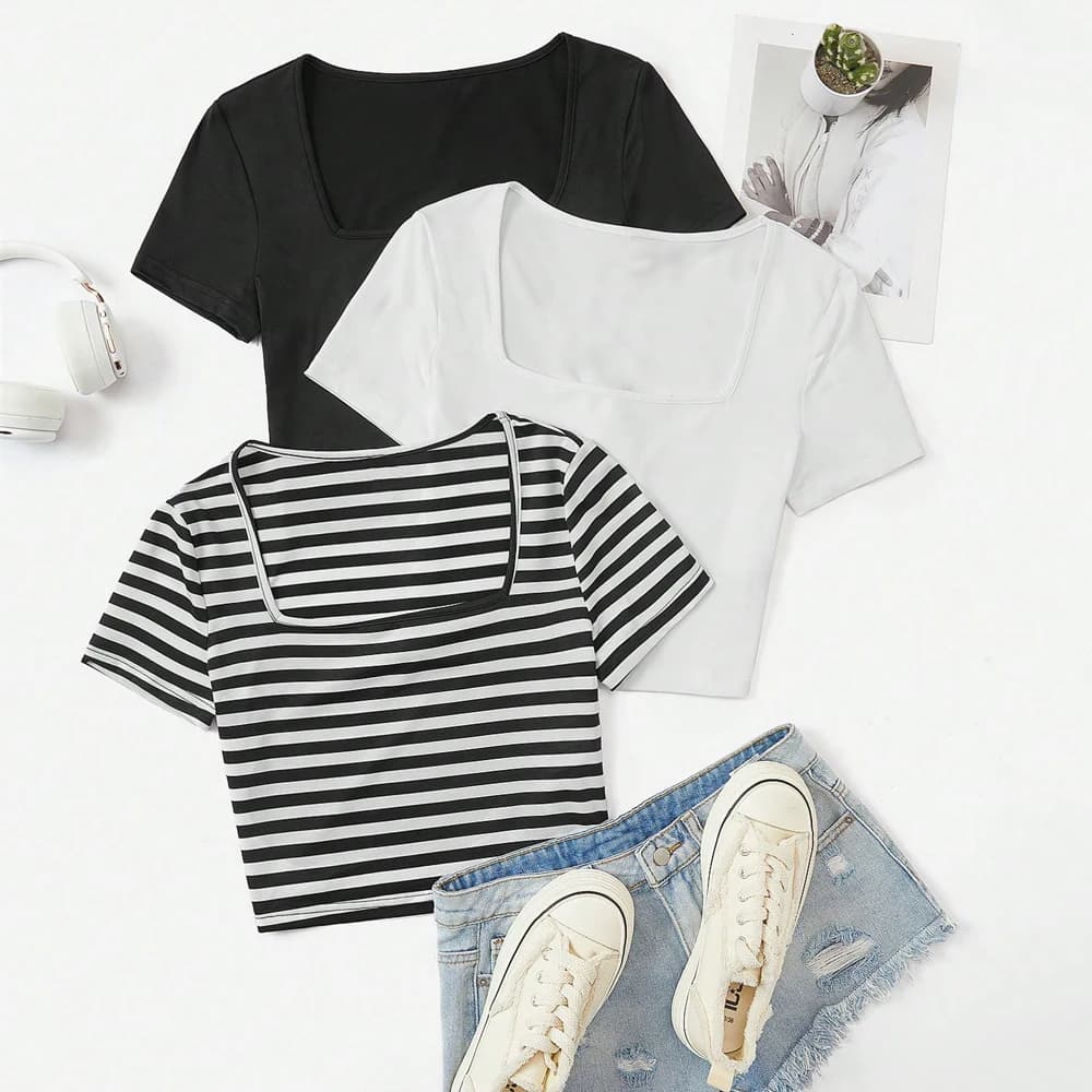 3 Pieces Summer Slim Fit T-Shirt Women's Sexy Short-Sleeved U-Neck Low Cut Solid Color Basic Black/White Korean Style Crop Top