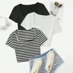 3 Pieces Summer Slim Fit T-Shirt Women's Sexy Short-Sleeved U-Neck Low Cut Solid Color Basic Black/White Korean Style Crop Top