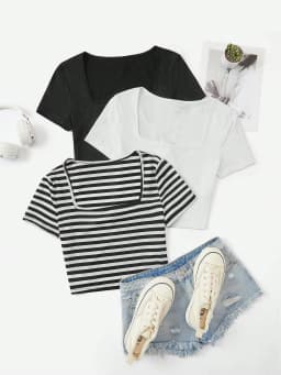 3 Pieces Summer Slim Fit T-Shirt Women's Sexy Short-Sleeved U-Neck Low Cut Solid Color Basic Black/White Korean Style Crop Top