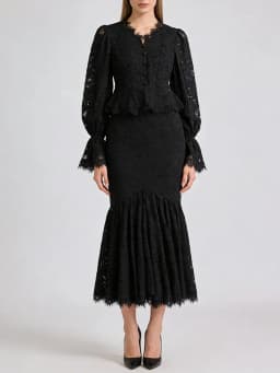TWOTWINSTYLE Slimming Sheer Spliced Lace Two Piece Sets for Women V Neck Long Sleeves High Waist Irregular Skirt Set Female New