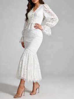 TWOTWINSTYLE Slimming Sheer Spliced Lace Two Piece Sets for Women V Neck Long Sleeves High Waist Irregular Skirt Set Female New