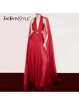 TWOTWINSTYLE Slimming Hollow Out Spliced Ribbons Temperament Dress for Women V Neck Sleeveless High Waist Dresses Female Fashion