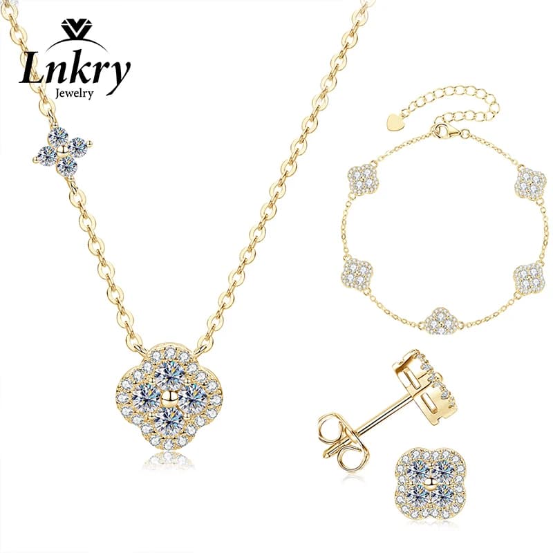 Lnkry 2.5MM Moissanite Necklace Bracelet Stud Earring 14k Gold Filled Four Leaf Flower Jewelry Set For Couples Wedding Gift