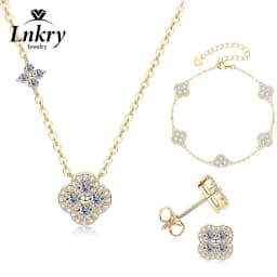 Lnkry 2.5MM Moissanite Necklace Bracelet Stud Earring 14k Gold Filled Four Leaf Flower Jewelry Set For Couples Wedding Gift