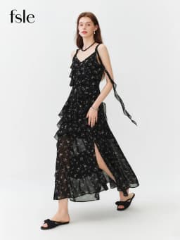 FSLE Summer Women Floral Print Ruffle Tiered Maxi Dress Adjustable Spaghetti Strap A-Line Long Dress Coquette Romantic Style