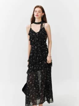 FSLE Summer Women Floral Print Ruffle Tiered Maxi Dress Adjustable Spaghetti Strap A-Line Long Dress Coquette Romantic Style
