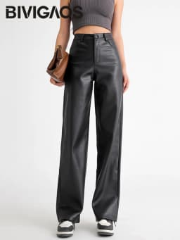 BIVIGAOS Fall Winter Fleece Loose Wide Leg Warm Leather Pants Women Button Pocket High Waist Thick PU Casual Straight Pants