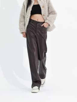 BIVIGAOS Fall Winter Fleece Loose Wide Leg Warm Leather Pants Women Button Pocket High Waist Thick PU Casual Straight Pants