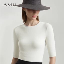 Amii Women's Sweater 2026 Autumn New Cotton Versatile Crew Neck Women's Knitted Sweater Slim Three-Quarter Sleeve Top 12641132