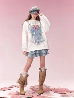 ELFSACK Trompe L'oeil Printed Long Sleeve T-Shirt, Casual Oversized Loose Tops for Women's Daily Outfit