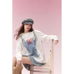 ELFSACK Trompe L'oeil Printed Long Sleeve T-Shirt, Casual Oversized Loose Tops for Women's Daily Outfit