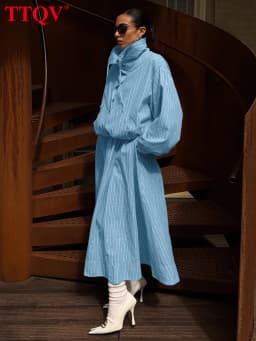 TTQV Fashion Loose Stripe Print 2 Piece Set Women 2026 Elegant Long Sleeve Shirt With High Waist Long Skirt Set Female Clothing